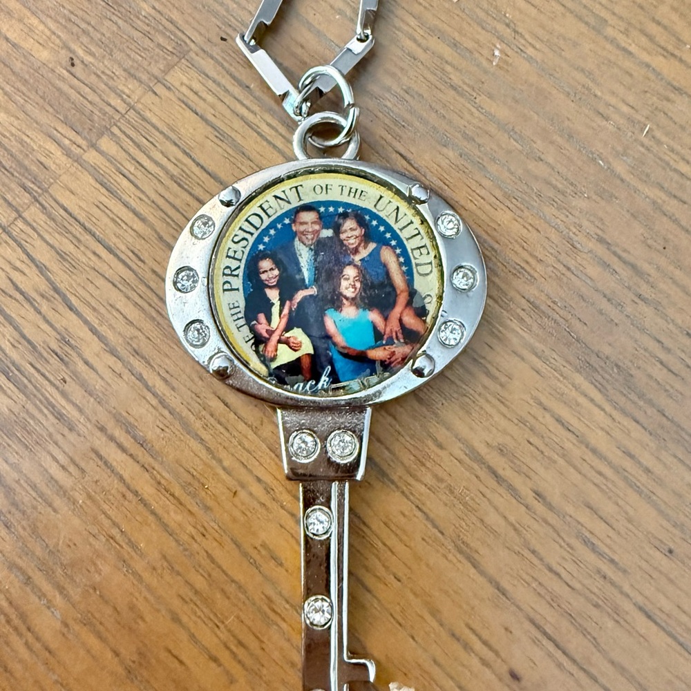 Silver Key on Chainlink necklace with Obama Family Photo